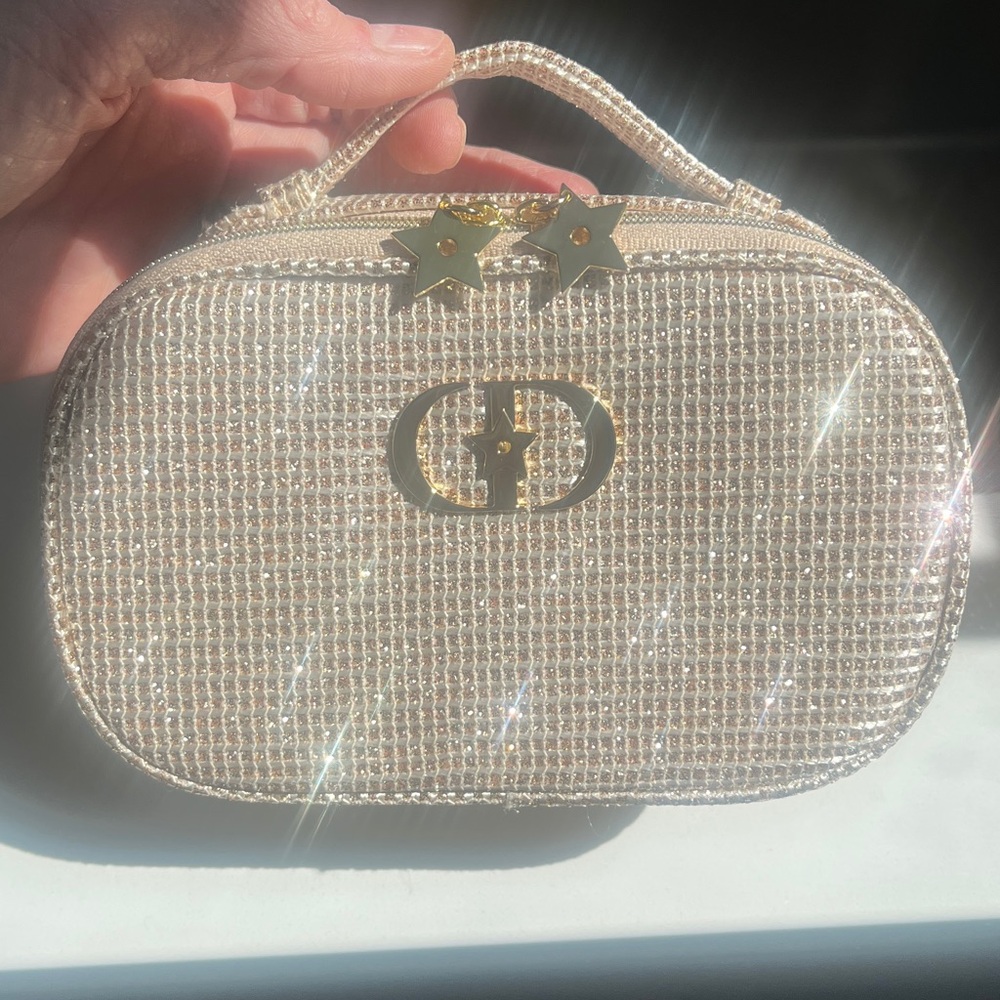 Dior Beauty gold star glitter makeup bag clutch with handle, star zippers, NWOT